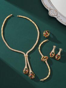 Necklace+Earrings+Ring+Bracelet Set With Multicolored Cubic Zirconia And Tassel Design, Suitable For Ladies' Daily Wear, Parties, Banquets, Bride, Bridal Jewelry Set