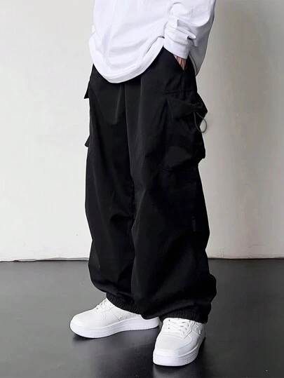 1 件青少年男孩宽松侧抽绳翻盖口袋户外工装裤，适合夏季、秋季和冬季