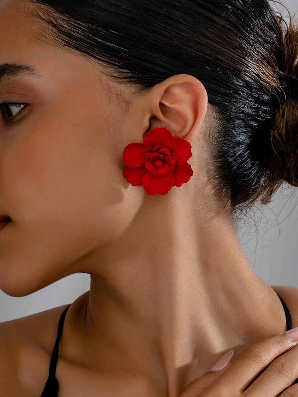 1 Pair Of Fashionable Three-Dimensional Retro Style Red Flower Earrings Suitable For Attending Banquets As Gifts For Girlfriends Valentines,Mom,Mother,Mother's Day,Gift