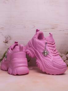 女士全季戶外運動鞋，可愛的粉色公主風格楔形高跟厚底增高女士厚底運動鞋，獨特的蜜蜂動物主題時尚配件，圓頭綁帶平底輕便舒適休閒鞋，防滑震撼，夏季透氣網布快速乾燥防臭，適合跑步，遠足，旅行，慢跑，開車，通勤，上學或日常穿著 - 粉色 - 查看 6