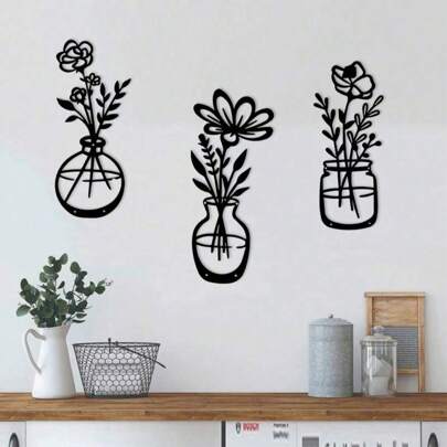 1pc/3pcs Flowers And Vase Modern Black Metal Wall Decor Art, Suitable For Home, Bedroom, Dining Room, Bathroom, Living Room,Home Decor ,Room Decor,Wall Decor Gifts Birthday Graduation