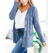 Womens Open Front Knitwear Long Sleeve Chunky Knit Button Down Cardigan Sweater With Pocket - Màu xanh lam - Xem 3