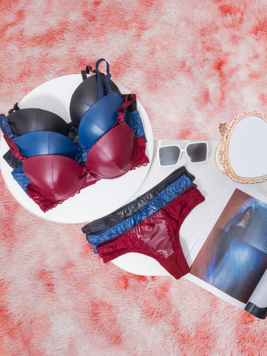 Sujetador Set Copa B De 3 Piezas De PoliPiel Con Encaje Lateral  Y Moño Tirantes Ajustables Y 3Piezas Cacheteros Unitalla De Encaje Lateral Y PoliPiel Con Moño Encaje - Burdeos - Ver 1