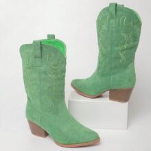 Women Western Cowboy Boots – Embroidered Mid-Calf Chunky Heel Cowgirl Boots With Side Zipper Stylish Comfortable Suede Fall/Winter Boots For Country Concert, Rodeo, Nashville Trip, Festival & Daily Wear [Size Up Half Size] - 綠色 - 查看 6