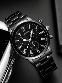 2pcs Fashion Business Gentleman Round Men's Black Steel Strap Quartz Watch, Paired With Chain Zirconia Diamond Bracelet Combination Set, Exquisite Gift Set, Suitable For Festivals, Parties, Business, And Daily Wear