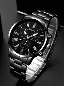 2pcs Fashion Business Gentleman Round Men's Black Steel Strap Quartz Watch, Paired With Chain Zirconia Diamond Bracelet Combination Set, Exquisite Gift Set, Suitable For Festivals, Parties, Business, And Daily Wear