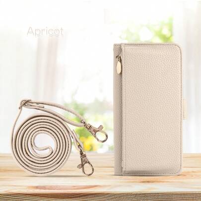 Custodia per telefono in pelle PU con motivo a litchi, portafoglio a tracolla con supporto, antiurto, con cordino, compatibile con iPhone