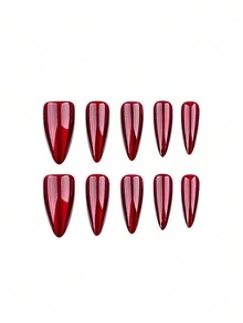 24 uñas postizas de ojo de gato en forma de almendra de unicolor para Halloween con 1 lima de uñas y 1 gelatina - Rojo - Ver 3