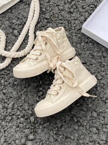 White Canvas Sneakers For Kids, Mid-Top Sports Shoes For Boys And Girls, Simple Korean Style, Spring/Autumn Casual Lace-Up Flat Classic Vulcanized Shoes