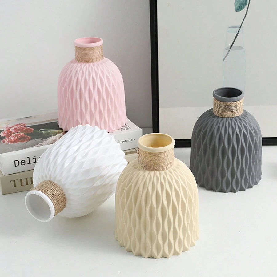 2 piezas Jarrones de plástico, minimalistas, modernos y creativos, de origami de cuerda, con patrón de ondas de agua, para decoración de sala de estar, mesa de comedor, jarrón seco, recipiente que no puede contener agua, decoración del hogar, jarrón de flores, centro de mesa, decoración de mesa - Multicolor - Ver 1