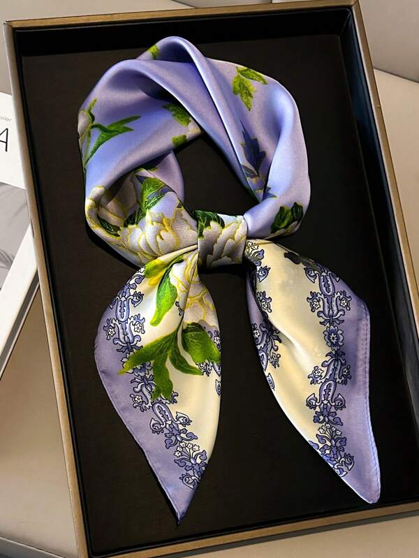 1pc Women's Stylish Silk-Like Printed Scarf, Elegant Neckwear Square Scarf Bandana, Hair Band, Head Band Ideal For Dressing Up Your Look, Beach, Holiday, Travel Essential
