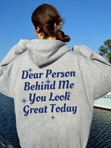 標語圖形垂肩束口帽衫 - 灰色 - 查看 1