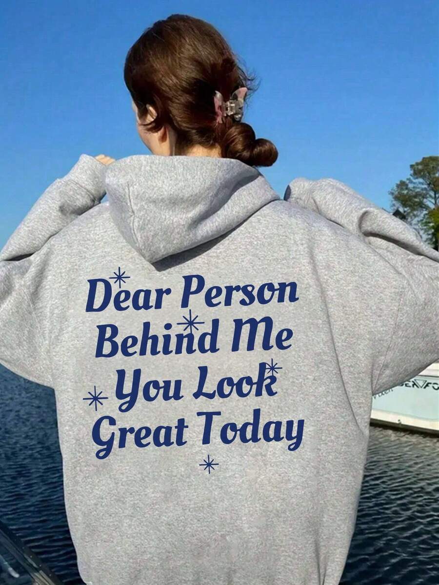 標語圖形垂肩束口帽衫 - 灰色 - 查看 1