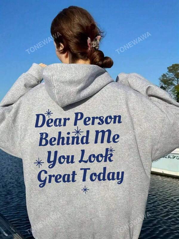 Slogan Graphic Drop Shoulder Drawstring Hoodie