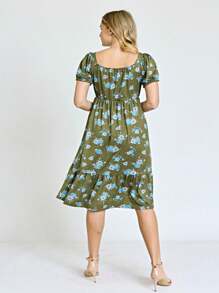 Boho Retro Ditsy Floral Flutter Puff Sleeve Square Neck Tiered Ruffle Tea Midi Length Classic Bridgerton Dress - Màu xanh Ô liu - Xem 4