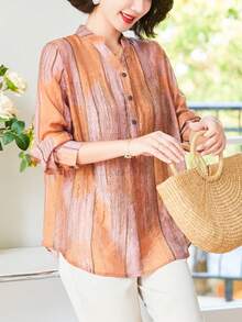 長袖薄款西式衬衫 - 橘色 - 查看 1