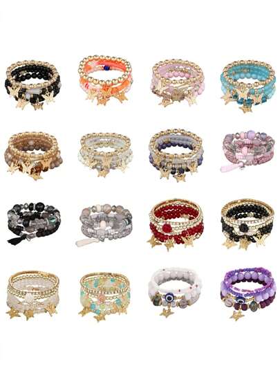 A Set Of Bohemian Multi-Layer Crystal Bead, Butterfly Pendant Colorful Bracelet, Suitable For Summer Beach Vacation, Gift For Friends