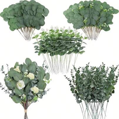 1/3/5/10/15/20/26/30/52pcs Mixed 5 Styles Artificial Eucalyptus Flowers & Leaves Stems With Silver Branches - Lifelike Fake Green For Home Decor, Party, Wedding & Holiday Decor, Plastic Material, Tabletop Centerpieces, Versatile Greenery For Everlasting Wedding Bouquets, Romantic