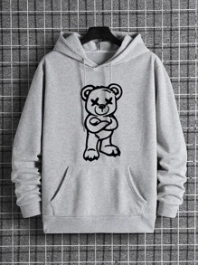 Moletom Urso Bravo Blusa De Frio Com Bolso E Capuz Estilo Canguru Moleton Casual Casaco Algodão Quente Confortável Inverno - Cinza - Visão 1