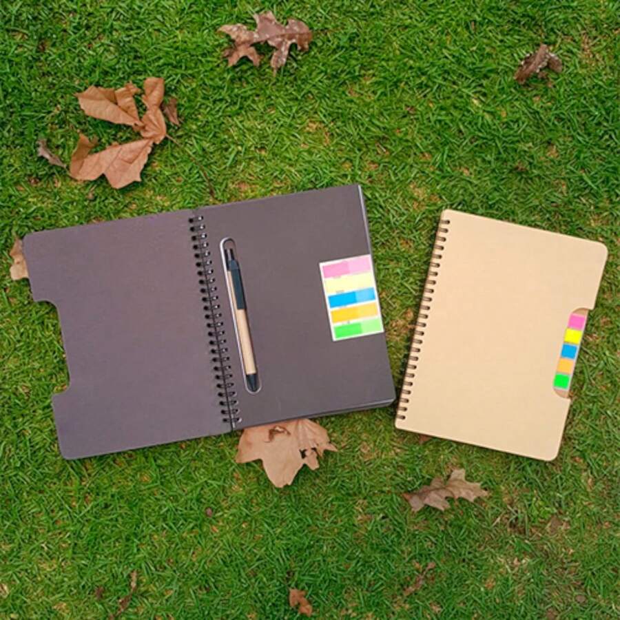 PromoClick Libreta ecológica con 5 tiras de banderas adheribles y bolígrafo, cuenta con 80 hojas rayadas - Negro - Ver 1