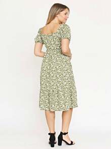 Boho Retro Ditsy Floral Flutter Puff Sleeve Square Neck Tiered Ruffle Tea Midi Length Classic Bridgerton Dress - màu xanh lá - Xem 4