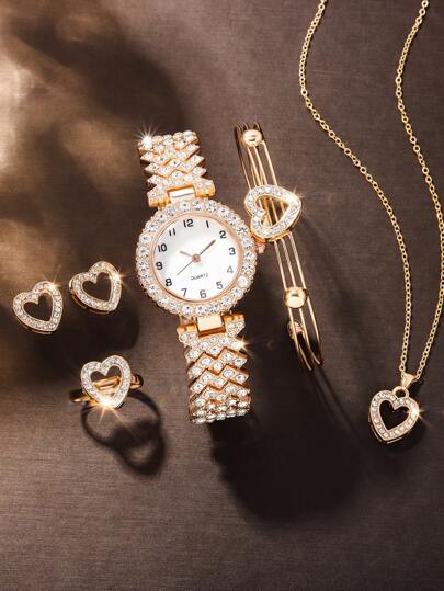 Diamond Decoration Casual Quartz Watch And Jewelry Set For Girls, 6pcs