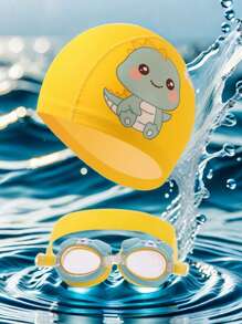 2 Stücke niedliche Cartoon Badekappen und Schwimmbrillen Kombination, hochauflösende verstellbare Silikon Kinder Schwimmbrillen, PU-Material Kinder Badekappen, geeignet für Mädchen Schwimmausrüstung, ideale Wahl für Sommergeschenke für Kinder