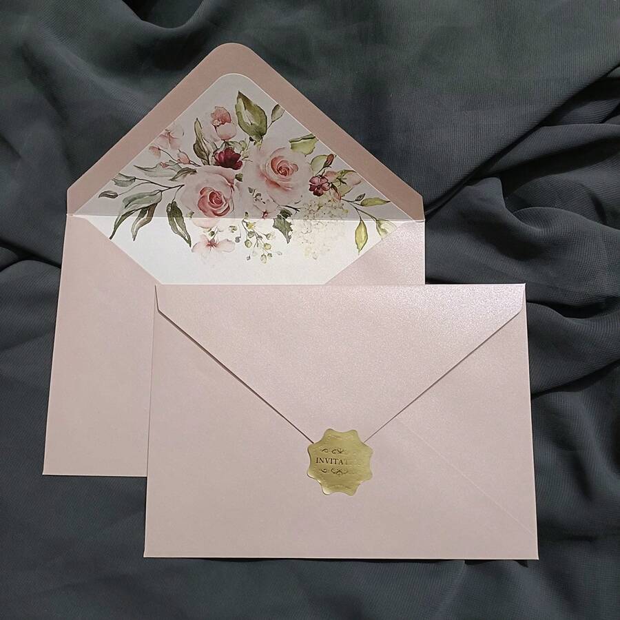 10pcs Light Pink Shiny Floral Printed Rectangle Wedding Invitation Card Envelope 194X136MM Back To School - Baby Pink - View 1