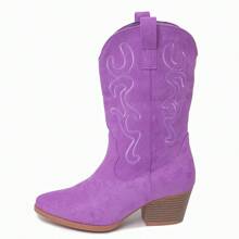 Women Western Cowboy Boots – Embroidered Mid-Calf Chunky Heel Cowgirl Boots With Side Zipper Stylish Comfortable Suede Fall/Winter Boots For Country Concert, Rodeo, Nashville Trip, Festival & Daily Wear [Size Up Half Size] - 紫羅蘭色 - 查看 2