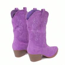 Women Western Cowboy Boots – Embroidered Mid-Calf Chunky Heel Cowgirl Boots With Side Zipper Stylish Comfortable Suede Fall/Winter Boots For Country Concert, Rodeo, Nashville Trip, Festival & Daily Wear [Size Up Half Size] - 紫羅蘭色 - 查看 3