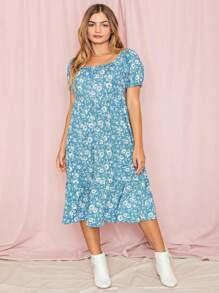 Boho Retro Ditsy Floral Flutter Puff Sleeve Square Neck Tiered Ruffle Tea Midi Length Classic Bridgerton Dress - Màu xanh lam - Xem 2