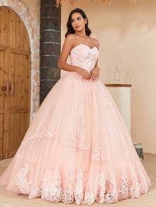 糸球状 ピンク キンセアニェラドレス チュール レース アプリケ プロムドレス ハート型ネック フォーマルパーティードレス - ピンク - チェックする 3