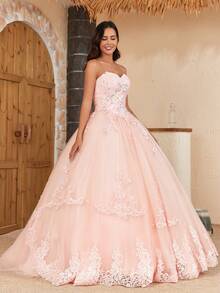 糸球状 ピンク キンセアニェラドレス チュール レース アプリケ プロムドレス ハート型ネック フォーマルパーティードレス - ピンク - チェックする 6