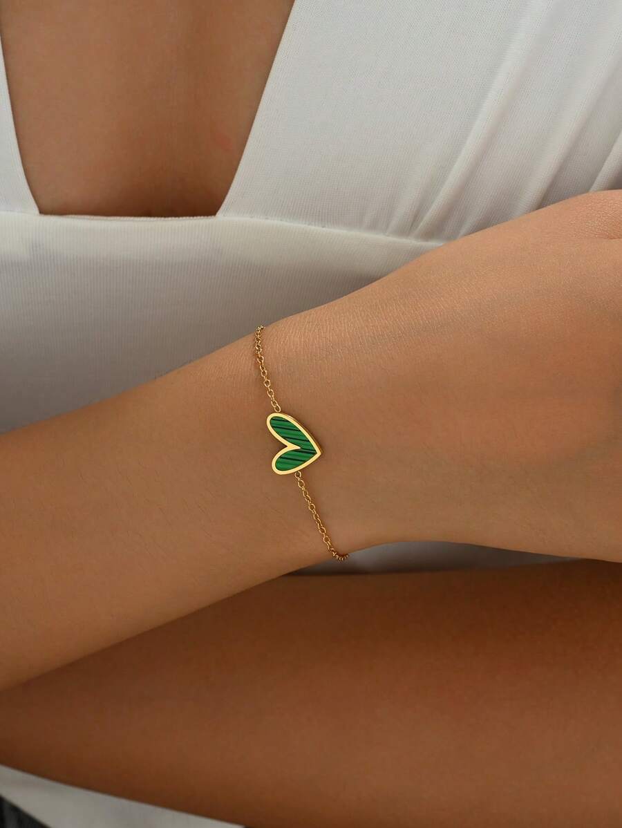1 chiếc vòng tay hình trái tim bất đối xứng bằng thép không gỉ mạ vàng 18K dành cho nữ - màu xanh lá - Xem 1