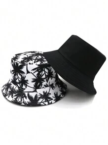 1 件男女通用新款棕榈树图案印花双面渔夫帽，适合日常休闲和户外活动，波西米亚风男士太阳帽夏季帽子，适合徒步旅行和钓鱼等夏季户外活动 - 黑與白 - 查看 3