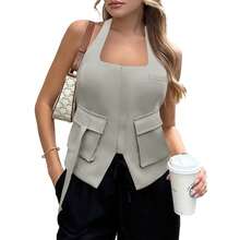 BZB Womens Summer Halter Vest Tops Going Out Backless Waistcoat Y2k Tank Sleeveless Shirts With Pockets - Grey - View 2