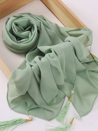 1개 술 장식 여성 스카프 솔리드 쉬폰 히잡 롱 스카프 우아한 헤드스카프 술 장식 히잡 여성 액세서리