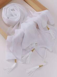 1 件装流苏女士围巾纯色雪纺头巾长围巾优雅头巾流苏头巾配饰女士 - 彩色 - 查看 4