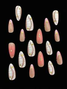 24 件/套闪光粉色镶边满星按压贴片法式杏仁假指甲片适合女孩/女士日常生活。适合约会和其他场合。+ 1 X 凝胶果冻 + 1 X 指甲锉装饰您的指甲，瞬间提升您的优雅！ - 彩色 - 查看 7