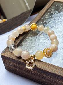 1 Pc Fashionable Natural Stone Cherry Blossom Agate Bracelet Suitable For Gift Giving.Comes With Gift Box And Jewelry Storage Bag. - View 1