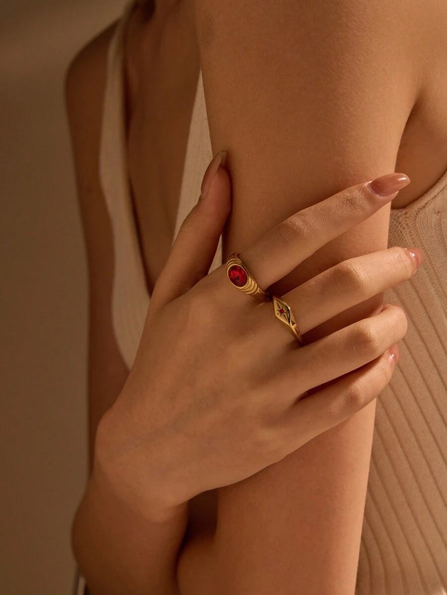 2 chiếc thép không gỉ màu vàng nặng và bộ kim cương đỏ hình bầu dục, nhẫn công nghiệp nặng cao cấp dành cho nữ, thích hợp cho các bữa tiệc, trang trí hàng ngày hoặc quà tặng - Vàng - Xem 1