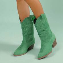 Women Western Cowboy Boots – Embroidered Mid-Calf Chunky Heel Cowgirl Boots With Side Zipper Stylish Comfortable Suede Fall/Winter Boots For Country Concert, Rodeo, Nashville Trip, Festival & Daily Wear [Size Up Half Size] - 綠色 - 查看 2