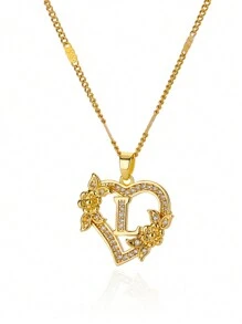 锆石心形花朵字母项链，金色，A-Z字母心形项链，婚礼珠宝礼物，情人节礼物，母亲节礼物 - 金黃色 - 查看 29