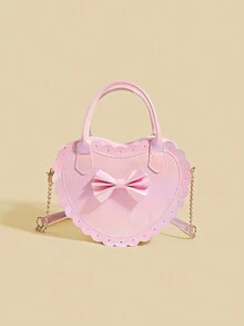 女孩时尚公主蝴蝶结爱心手提包/单肩包，适合日常、派对、外出、生日礼物 - 粉色 - 查看 2