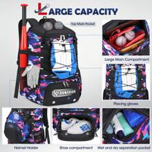 Baseball Bag For Youth & Adult Lightweight Softball Bat Bag With Shoe Compartment, External Helmet Holder And Fence Hook Waterproof Baseball Backpack Hold T-Ball, Bat And Softball Equipment - Ngụy trang màu hồng - Xem 3