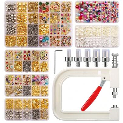 Juego de herramientas prensadoras manuales para colocar perlas, máquina fijadora de remaches de perlas, máquina para colocar perlas hecha a mano con clavos, cabezas de tornillo, pinzas, llave y bandejas para manualidades y accesorios DIY