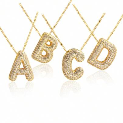1pc Fashion Copper Small Alphabet Cubic Zirconia Bubble Pendant Necklace, Available In All 26 Letters, Suitable For Men And Women's Daily Wear
