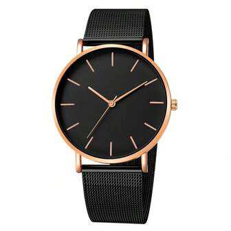 1 pieza Reloj de cuarzo negro y oro rosa de lujo, elegante, con correa de malla metálica, esfera grande de acero inoxidable, reloj de cuarzo para mujer, opción ideal para regalos