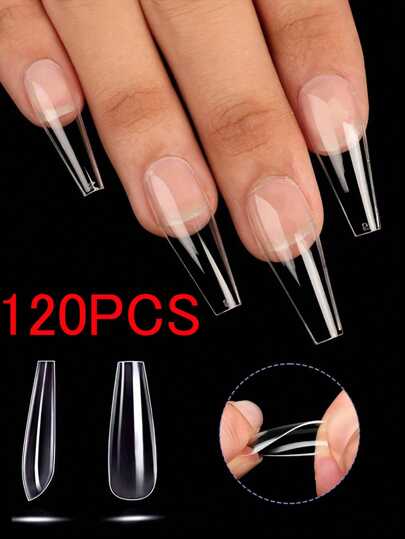120件透明全覆蓋式中等棺形預形假指甲，12種尺寸丙烯酸假指甲不需要貼片自然貼合家居美甲沙龍美甲藝術-長款柔軟凝膠指甲-透明丙烯酸棺形芭蕾舞者美甲貼尖指甲用品
