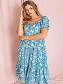 Boho Retro Ditsy Floral Flutter Puff Sleeve Square Neck Tiered Ruffle Tea Midi Length Classic Bridgerton Dress - Màu xanh lam - Xem 5